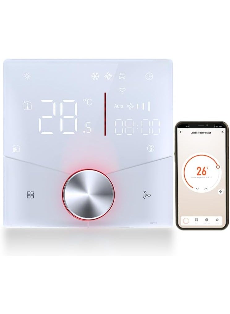 UanTii Smart Thermostat Tuya Wifi Central AC Thermostat 2 Pipe, Smart Knob HVAC Fan Coil Smart Temperature Controller App and Voice Control (White 240V) - Image 1